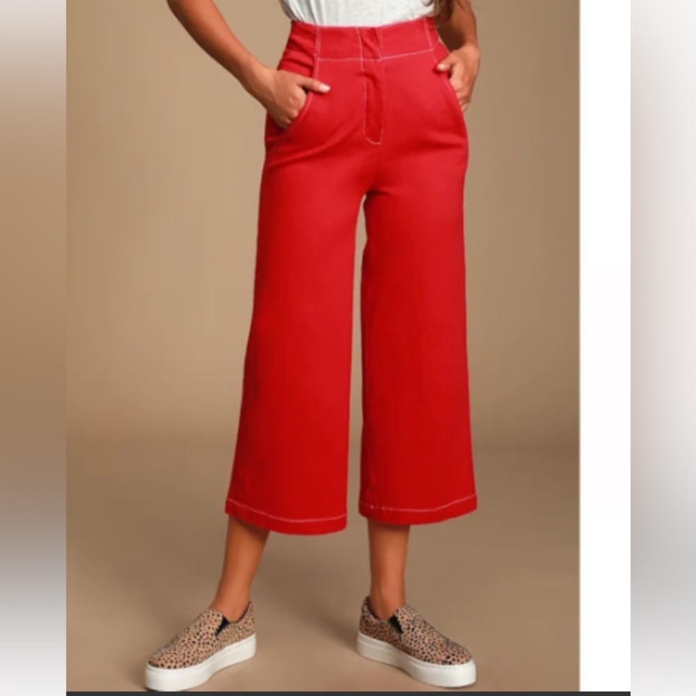 Apple Red ASTR Wide Leg Casual Cropped Pant Stretch Denim Preppy Travel Size MED